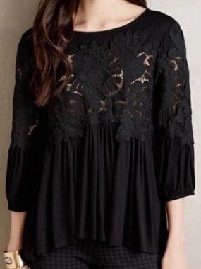 John Mark Black Lace Yoke Peasant Blouse